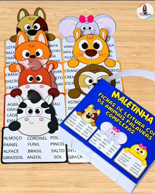 MALETINHA FICHAS DE LEITURA COM OS ANIMAIS PALAVRAS COMPLEXAS 📖🦁🐶🐥🐘✨*