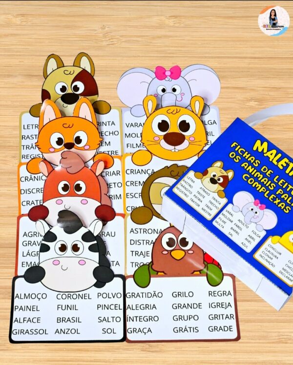 MALETINHA FICHAS DE LEITURA COM OS ANIMAIS PALAVRAS COMPLEXAS 📖🦁🐶🐥🐘✨* - Imagem 3