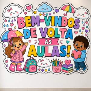 *PAINEL BEM-VINDOS DE VOLTA ÀS AULAS  CHUVA DE AMOR ☁️🌈📚✏️🩷✨*