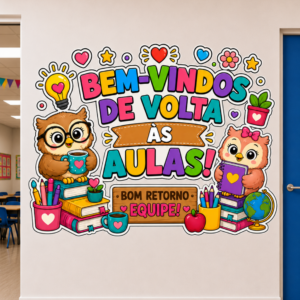 *PAINEL BEM-VINDOS DE VOLTA ÀS AULAS, BOM RETORNO EQUIPE CORUJINHA 🦉📚✏️❤️✨*