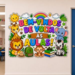 *PAINEL BEM-VINDOS DE VOLTA ÀS AULAS SAFARI BABY 🦁🐒🦒🦓🐘📚✏️💚✨*