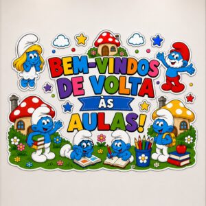 *PAINEL BEM-VINDOS DE VOLTA ÀS AULAS SMURFS🩵🍄 📚✏️✨*