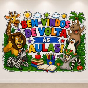 *PAINEL BEM-VINDOS DE VOLTA ÀS AULAS MADAGASCAR 🦁🐧🦓📚✏️❤️✨*
