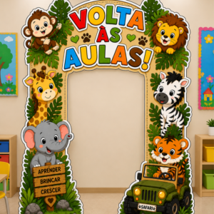 *PAINEL PORTAL  DE VOLTA ÀS AULAS SAFARI BABY💚 🦁🦒🦓🐒📚✏️✨*