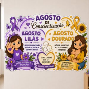 *PAINEL MÊS DE CONSCIENTIZAÇÂO AGOSTO LILÁS E DOURADO 💜💛🌻🪻✨*